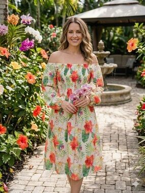 NWT S.DEER Tropical Floral Smocked Midi Convertible Square Off-Shoulder XXL